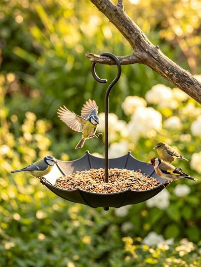 1 pieza Comedero y bañera para pájaros con forma de paraguas de plástico colgante para exteriores, adecuado para decoración de jardín, patio y patio trasero, comedero para colibríes y bandeja de comida para pájaros para exteriores