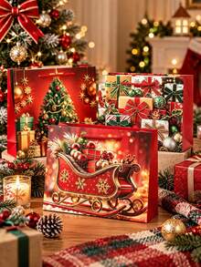 5PCS Christmas Gift Bags With Foil Style Print, Festive Holiday Present Bags, Christmas Tree & Sleigh Design, Party Gift Packaging With Handles - View 1