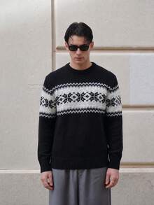 Men's Casual Versatile Plaid Jacquard Crew Neck Long Sleeve Knit Sweater, Korean Style, Suitable For Autumn And Winter - Black - View 2