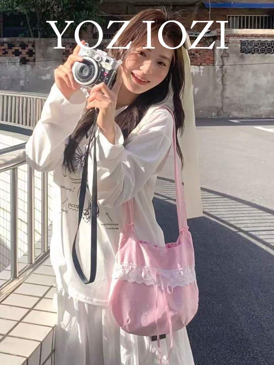 開學季韓系INS風休閒百搭粉色蝴蝶結可愛甜美少女風可折疊單肩圓肩包,適合外出 - 粉色 - 查看 1