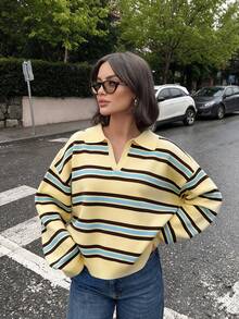 MORI 女款秋冬毛衣，優雅休閒 Y2K 風格，黃色條紋 Polo 領，落肩寬鬆長袖針織套頭上衣 - 嫩黃 - 查看 4
