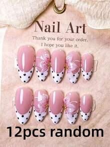 12pcs Random Style Handmade Almond Shape Press-On Nails, White French Polka Dot With 3D Carved Design, Hand-Painted Nude Base With White French Tips And Black Decor - Multicolor - View 8