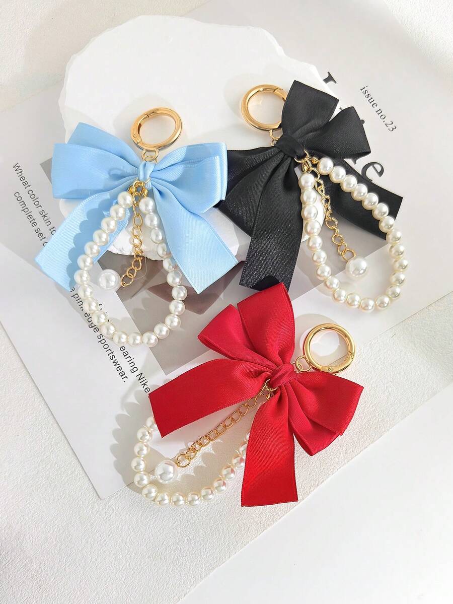 1pc Women's Keychain, Bowknot Pearl Keychain Pendant, Creative Colorful Bag Charm, Key Gift - Multicolor - View 1
