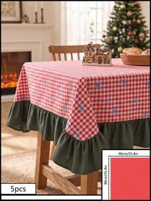 1pc Red & White Classic Small Plaid Blue Bow Print Tablecloth, Traditional Country Style Rectangular Green Leaf Edge Pleated Detail Stain-Resistant Protective Table Cover, Suitable For Christmas Family Gathering And Winter Holiday Dining Room Decor - Red - View 16