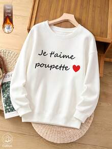 Women's Fleece Lined Pure Cotton Pullover Sweatshirt, Long Sleeve Round Neck Drop Shoulder Ribbed Knit Top, Suitable For Autumn Casual Wear, Warm And Soft - White - View 3