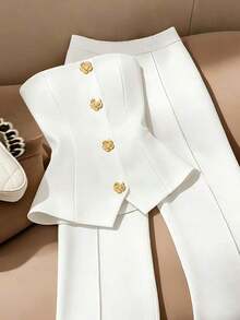 Conjunto elegante de 2 piezas con top bandeau que define la cintura y pantalones de pierna ancha en color blanco, tela con caída - blanco - Ver 4
