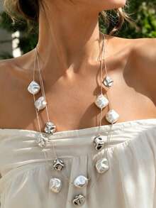 1pc Asymmetrical Baroque Faux Pearl Necklace, Long Sweater Chain Style, High-End Layering Versatile Neck Chain For Women (Random Tail Chain) - Multicolor - View 2