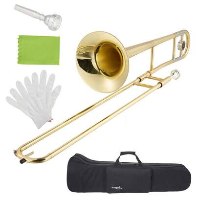 Trombón Alto en Si Bemol Gaderth para Principiantes, Kit de Trombón de Latón con Boquilla, Estuche Rígido, Acabado en Laca Dorada, Kit de Limpieza (Varilla/Paño/Guantes), Instrumento Musical Profesional para Estudiantes de Banda Escolar