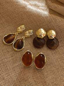 3 Pairs Vintage Brown Resin Teardrop Earrings, Gold Asymmetrical Geometric Dangle Earrings, Elegant High-End Versatile Jewelry For Women, Suitable For Daily Wear, Parties, Vacations And Gifts - Multicolor - View 3