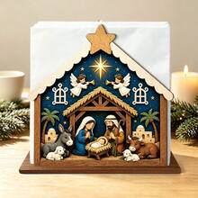 1pc Christmas Nativity Jesus Birth Wooden Napkin Holder, Vintage Printed Table Napkin Storage, Holiday Home Decor, Religious Scene Desktop Napkin Holder, Christmas Table Atmosphere Ornament, 2D Flat - Multicolor - View 1
