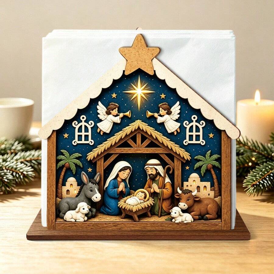 1pc Christmas Nativity Jesus Birth Wooden Napkin Holder, Vintage Printed Table Napkin Storage, Holiday Home Decor, Religious Scene Desktop Napkin Holder, Christmas Table Atmosphere Ornament, 2D Flat - Multicolor - View 1
