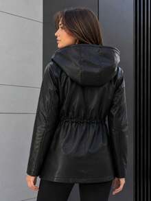Women's Leather Hooded Puffer Winter Coat - Black - View 6