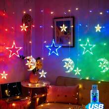 1 buah Lampu Tirai Peri LED Bintang dan Bulan Putih Hangat dengan Dekorasi Gantung Bercahaya, Cocok untuk Karnaval, Pernikahan, Pesta, dan Acara Keluarga - Lampu Tirai Bulan Merangkul Bintang - Bintang Besar - View 11