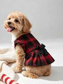 LUCKIE LABO 1pc Black & Red Plaid Bow Dress, Anti-Flea Pet Dog Clothes For Chihuahua Small Dogs, Fashionable Skirt Suitable For Cats & Dogs Indoor/Outdoor - Multicolor - View 7
