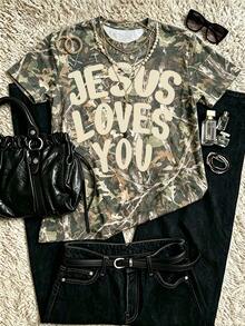 Jesus Camo T-Shirt Christian Faith Y2K Fashion Back To School Going Out Outfits Fall Clothes For Women, Women's Casual Round Neck Short Sleeve Minimalist T-Shirt - Multicolor - View 3