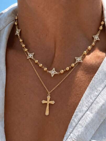 2pcs/Set American Vintage Gold Layered Chain Necklace With Full Rhinestone Star Spaced Chain And Cross Pendant, Autumn Street Date Unisex Accessory