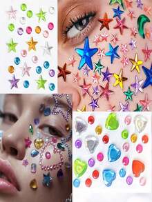 5/3/1pc Extra Large Colorful Star, Heart, Flower Rhinestone Jewelry Stickers, Self-Adhesive Eye, Face, Body Gem Decals For Rave, Festival, Carnival, Cosplay And Party Makeup Decoration - Multicolor - View 3
