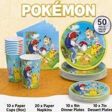 50pcs Cute Cartoon Theme Birthday Party Disposable Tableware, 9 Inch/7 Inch Paper Plates, Napkins And 9oz Paper Cups, Video Game Party Supplies, Cute Gamer Birthday Party Table Decor Paper Plates And Napkins, Suitable For Halloween, Christmas, Birthday Party - Multicolor - View 1