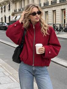 MUMRAP Women's Casual Plaid Long Sleeve Stand Collar Zipper Short Jacket - Red - View 4