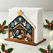 1pc Christmas Nativity Scene Wooden Napkin Holder, Holy Family Angel And Farm Animal Pattern Paper Towel Rack, Winter Holiday Kitchen Table Decor, Christmas Tabletop Napkin Organizer - Multicolor - View 1