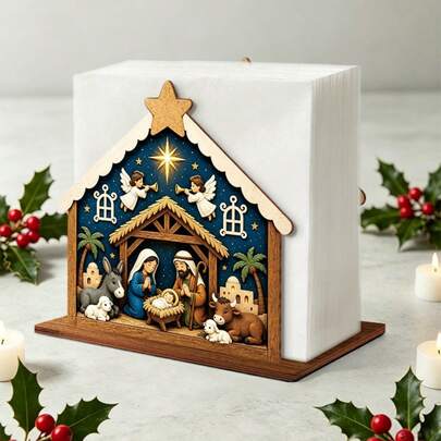 1pc Christmas Nativity Scene Wooden Napkin Holder, Holy Family Angel And Farm Animal Pattern Paper Towel Rack, Winter Holiday Kitchen Table Decor, Christmas Tabletop Napkin Organizer