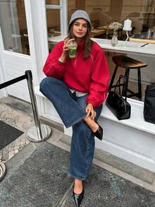 Plus Size Colorblock Stand Collar Drawstring Jacket, Street Travel Airport Date College Style Outerwear, Autumn/Winter Recommended Item - Red - View 3