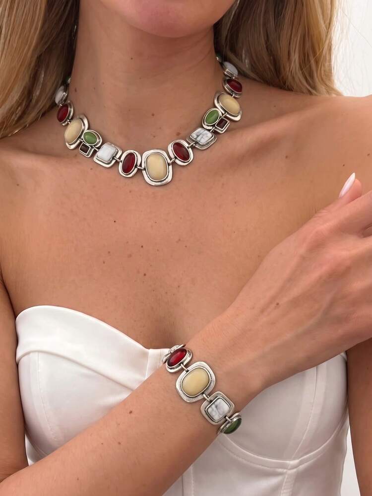 1 Set 2pcs Perhiasan Gelang & Kalung Desain Batu Permata Berwarna-warni Mewah dan Elegan Bergaya Vintage, Cocok untuk Pakaian Sehari-hari Wanita, Pesta, Jamuan Malam, Hadiah Liburan - Perak - View 5