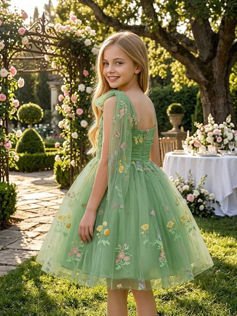 Tween Girls Asymmetrical Neckline Embroidered Floral Green Mesh Outdoor Wedding Flower Girl Dress Suitable For Prom Graduation Season, Fabric Floral Pattern Randomly Cut, Headband Not Included - Green - View 1