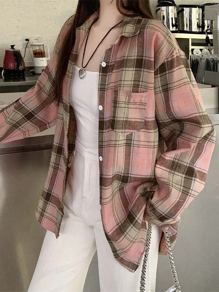 Autumn/Winter Brushed Plaid Shirt New Style Elegant Loose Slimming Vintage Mid-Length Long Sleeve Jacket - Pink - View 4
