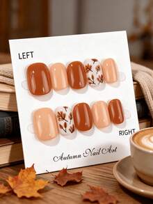 30pcs Short Square Autumn Theme Fake Nails, Orange Amber Gradient Cat ...
