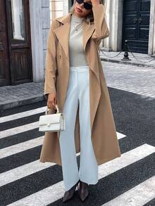 Fashion Women's Long Lapel Double-Breasted Tie-Front Trench Coat, Mid-Length Jacket, Autumn Outfit - Khaki - View 1