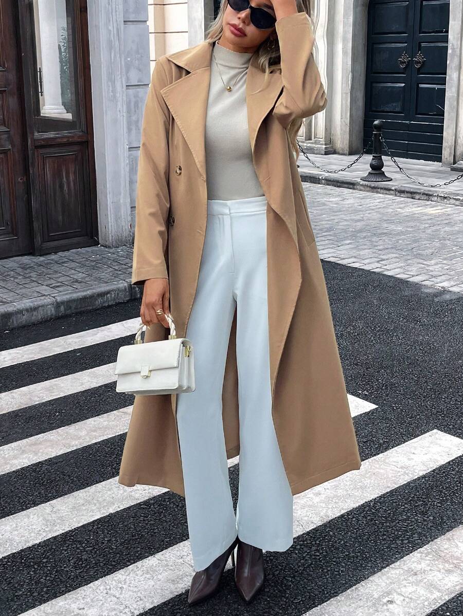 Fashion Women's Long Lapel Double-Breasted Tie-Front Trench Coat, Mid-Length Jacket, Autumn Outfit - Khaki - View 1