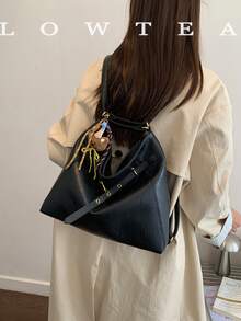 low tea 1pc Minimalist Fashion PU Leather Shoulder Bag, Suitable For Commuting, Shopping, Etc. (With Pendant) - Black - View 7