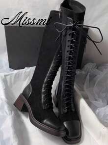Fall/Winter 2025 New Lace-Up Thigh High Boots, Square Toe Chunky Heel, Slim Fit Side Zipper Patchwork Leg Boots - Black - View 1