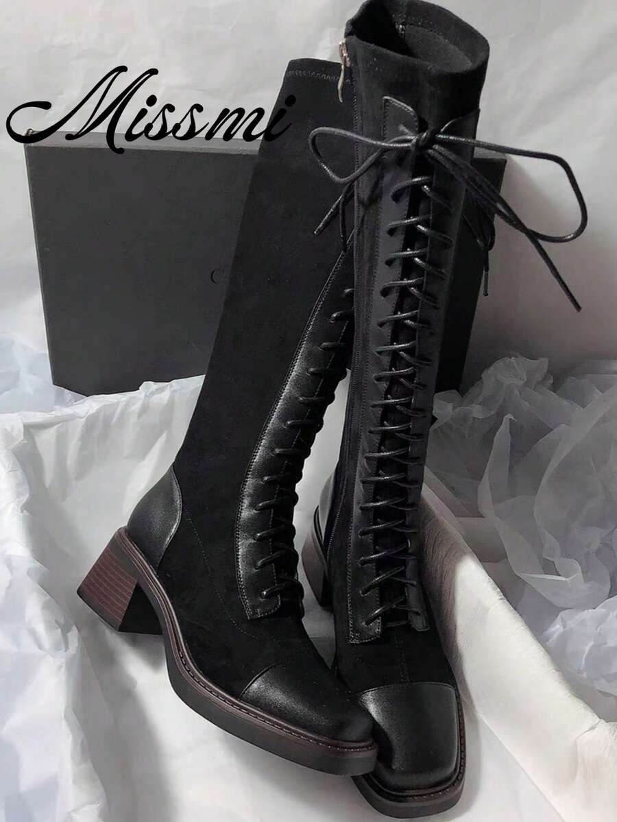 Fall/Winter 2025 New Lace-Up Thigh High Boots, Square Toe Chunky Heel, Slim Fit Side Zipper Patchwork Leg Boots - Black - View 1