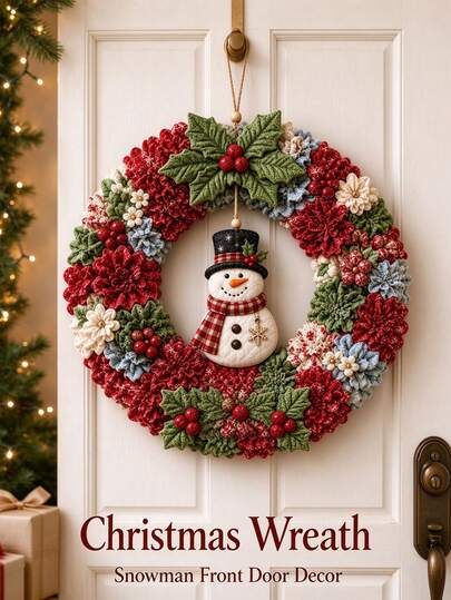Adult 3D Punch Needle Embroidery Christmas Wreath DIY Kit, Fabric Sewing Christmas Wreath Making Set, Santa Claus Snowman Reindeer Angel Stable Theme Handmade Door Hanging Wreath Decoration, Holiday Home Decor
