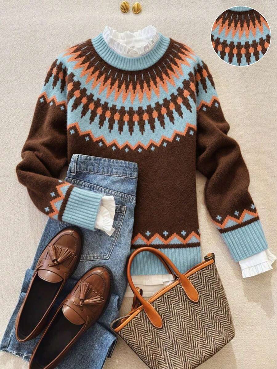 Women's Autumn/Winter Nordic Fair Isle Jacquard Crew Neck Sweater, Vintage Colorblock Geometric Pattern Loose Drop Shoulder Long Sleeve Knit Pullover, American Pastoral Style Fair Isle Sweater, Icelandic Vintage Geometric Jacquard Sweater, Cottagecore Pastoral Style Fair Isle Jacquard Crew Neck Sweater, Casual Top, School, Women's Commute Outfit, Basic Top, Back To School, Concert Outfit, Social Top - Chocolate Brown - View 1