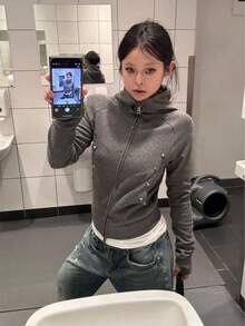 Women's American Street Style Rivet Slim Fit Cinched Waist Hooded Zip-Up Sweatshirt Jacket, Autumn New Design - Grey - View 5