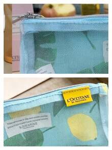 L'Occitane Light Blue Mesh Lemon Print Zipper Cosmetic Bag Transparent Portable Travel Toiletry Pouch Quick Find Skincare Makeup Storage Bag Gift For Women - Baby Blue - View 4