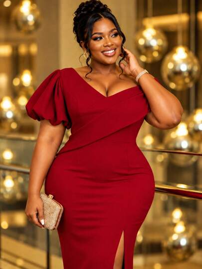Plus Size Women Burgundy Off Shoulder Long Dress Elegant Puff Short Sleeve High Slit Bodycon Formal Evening Wedding Guest Party Dresses