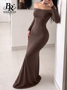 Gaun Maxi Seksi Pas Badan Model Bahu Terbuka untuk Kencan Malam dari BADDIE REALM untuk Wanita - Kopi - View 7