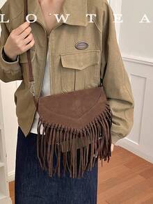 low tea 1pc Fashionable Tassel Suede Fabric Shoulder Bag, Suitable For Commuting, Shopping And More - Coffee - View 7