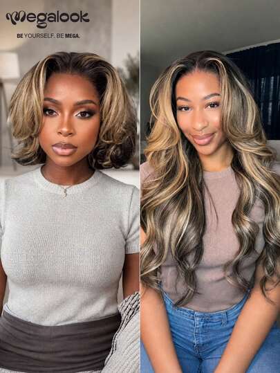 MEGALOOK 13x6 Lace Front Wig, Gradient Platinum Blonde Highlights, Wavy Curls, 100% Human Hair, Pre-Plucked Hairline, Pre-Bleached Knots, 200% Density, Beginner Friendly