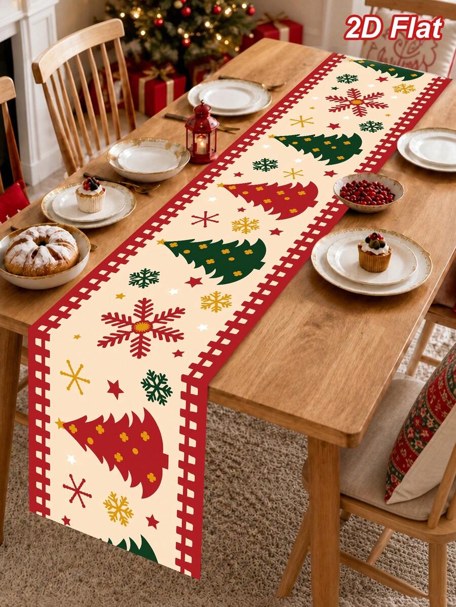 1件裝紅綠聖誕樹與雪花圖案聖誕桌巾，180*35cm 聚酯纖維聖誕桌布，桌布，聖誕快樂，聖誕裝飾，聖誕裝飾，聖誕裝飾，聖誕餐桌裝飾，廚房餐桌裝飾，節日派對裝飾，冬季家居裝飾，室內外通用
