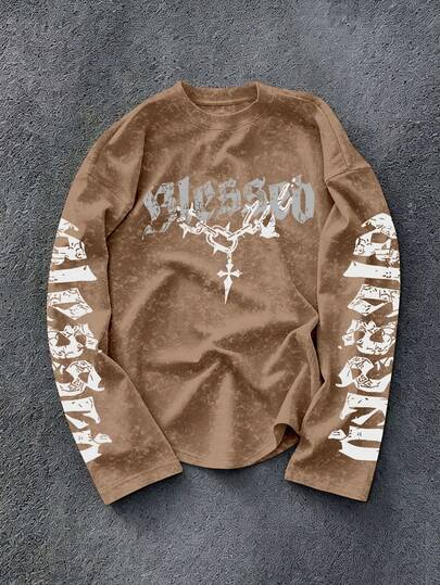 SU ER 1 Stück Herren Frühling/Herbst vielseitiges Vintage gewaschenes Distressed Langarm T-Shirt
