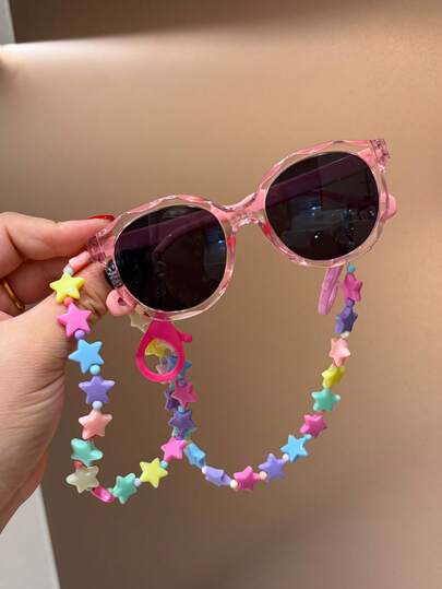 1 par de gafas de moda redondas y lindas de color rosa para niños con 1 cadena de gafas de estrella colorida (colores de cuentas aleatorios), adecuadas para niños y niñas, para fiestas de vacaciones, fiestas de disfraces, viajes al aire libre, vacaciones en la playa, accesorios de fotografía, decoración de atuendos diarios, actuaciones y otras ocasiones, regalo ideal para niños