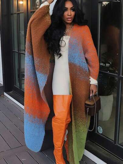 Cardigan, Women's Color Block Gradient Long Open Front Cardigan, Batwing Long Sleeve Loose Maxi Length Oversized Knit Duster Coat