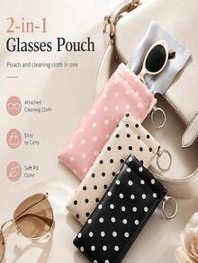 1pc PU Leather Cute Polka Dot Portable Spring Hinge Glasses Case, Auto-Closing Design, With Hook And Built-In Cleaning Cloth, Portable Glasses Protection Storage Bag - Multicolor - View 2