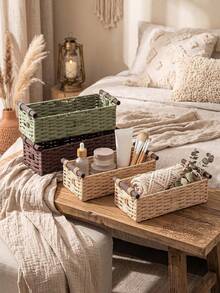 1pc Woven Willow Basket With Wooden Handle And Paper Rope, Multipurpose Storage Bin, Suitable For Daily Home Organization. Ideal For Kitchen, Bathroom, Bedroom, Living Room, Dorm And Office. Perfect For Countertop, Shelf, Vanity, Stylish Home And Farmhouse Decor - Multicolor - View 3