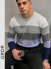 GRDR Men's Round Neck Casual Colorblock Long Sleeve Knit Sweater - Blue - View 9